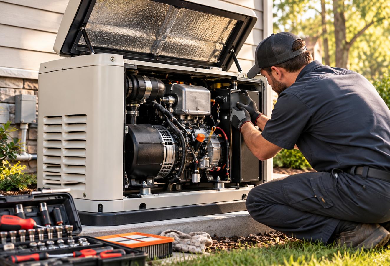 Technician performing maintenance on a residential Generac standby generator with its cover open and repair tools nearby in Bells, TN.