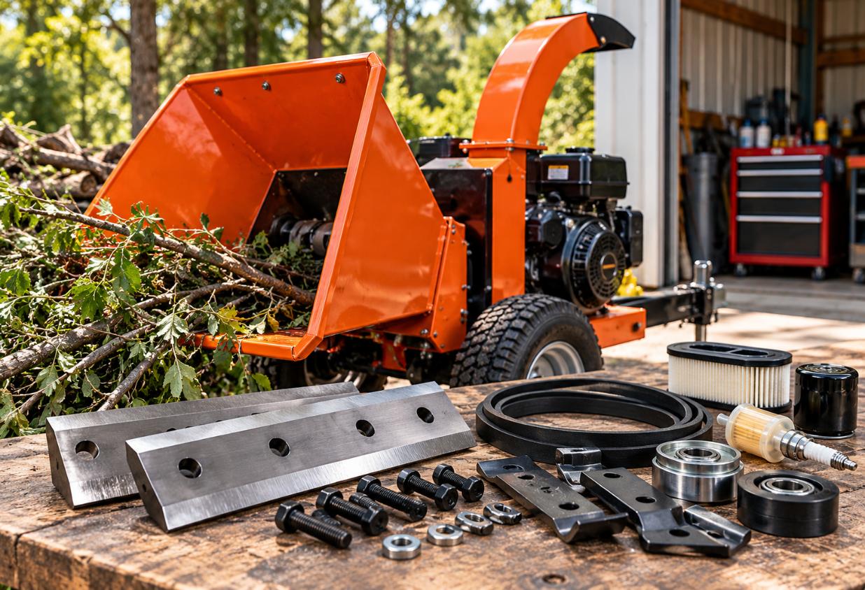 DR Power chipper shredder with replacement knife kits, blades, belts, filters, and maintenance parts displayed on a workbench outside a repair shop in Bells, TN.
