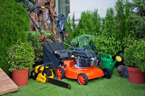 Gardening,equipment,,orange,lawnmower,,yellow,chainsaw,,green,watering,can,,garden